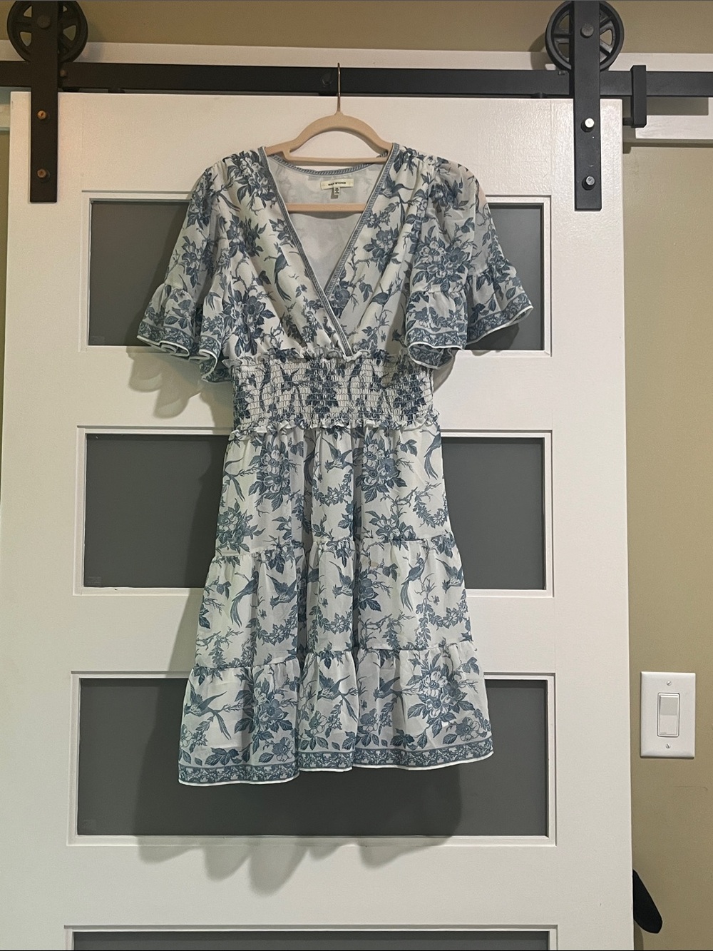 Max Studio Blue and White Floral Wrap Smocked Mini Dress